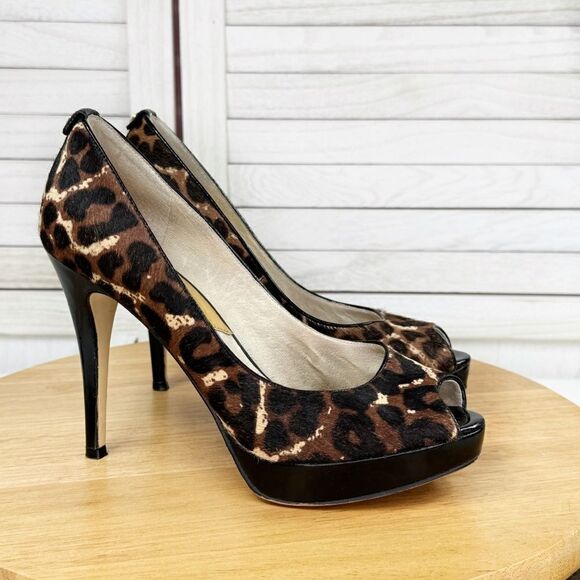 Michael Kors York Leopard Print Calf Hair Platform Peep Toe Pump Brown Black 7.5 - Picture 13 of 13